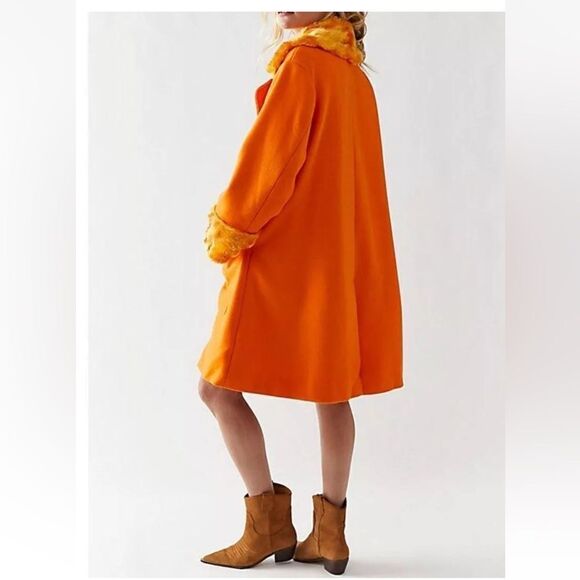 NWT Free People Roxy Wool Coat Fur Collar Trim Lined Oversized Orange Small - Picture 3 of 10